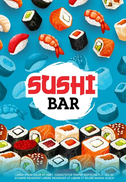 Sushi-Rollen und Nigiri mit Reis, Fisch und Meeresfrüchten — Stockvektor