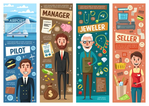 Manager, seller, pilot and jeweller professions — Stock Vector