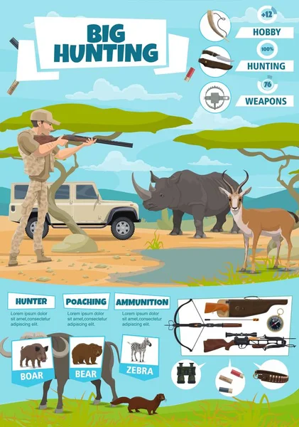 Caza y safari animales, cazador, arma y rifle — Vector de stock