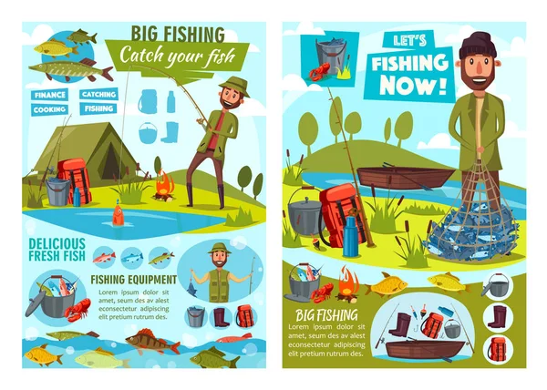 Ψαράς, καλάμι ψαρέματος και ψάρια, βάρκα και αντιμετώπιση — Διανυσματικό Αρχείο