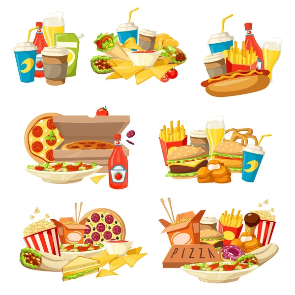 Fast food burger, pizza and hot dog with drinks — Stock Vector