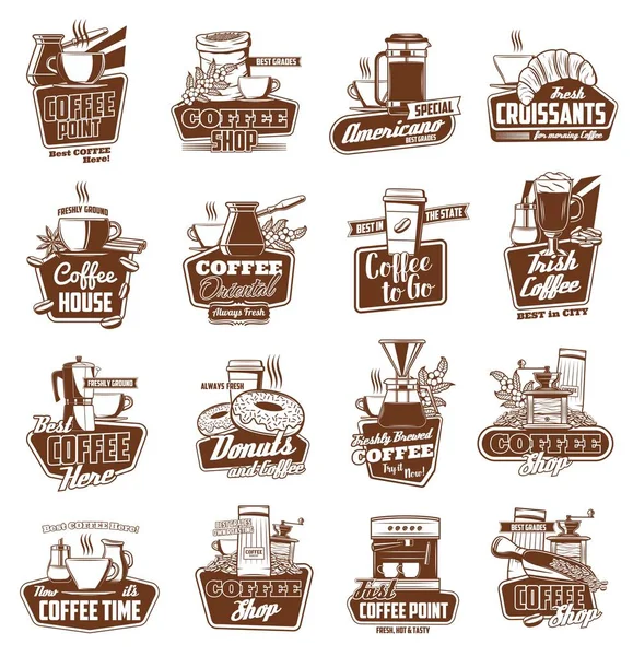 Xícaras de café, panela e máquina de café expresso com sobremesa —  Vetores de Stock