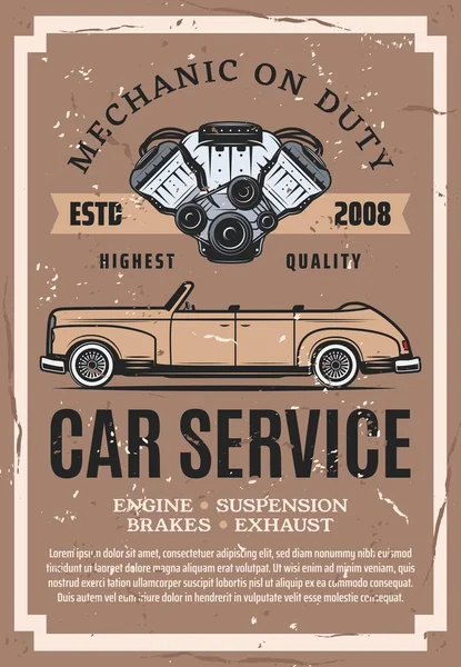 Vintage auto met motor onderdelen. Auto reparatie service — Stockvector