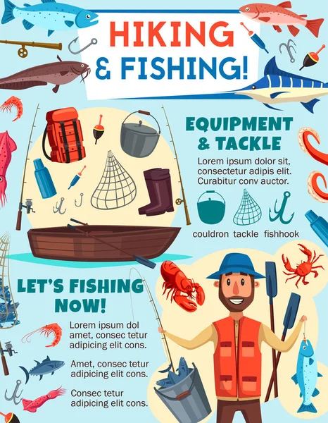 Halászlé halakkal, horgász-és turisztikai felszereléssel — Stock Vector