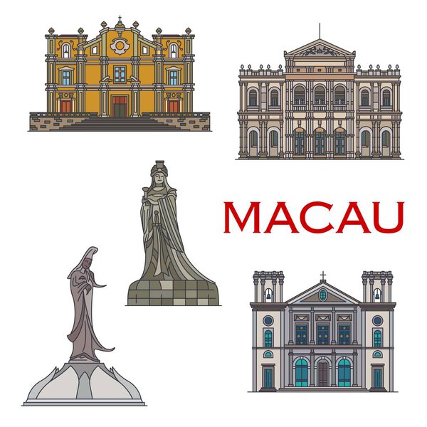 Macau travel landmarks. Chinese buildings, statues