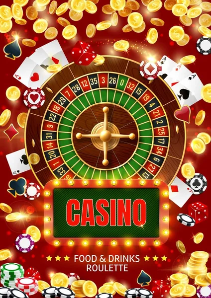 赌场轮盘赌, 卡, 筹码, 骰子。赌博游戏 — 图库矢量图片