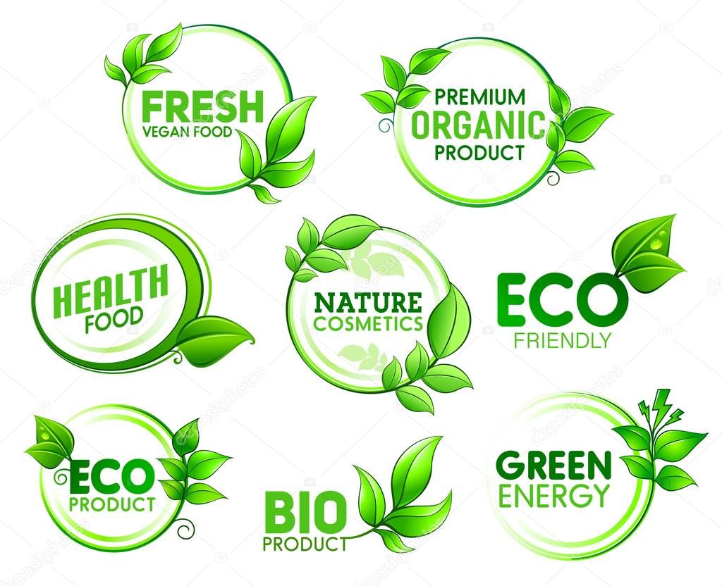 Eco, bio, organic product icons with green leaves