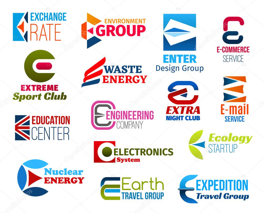 Corporate identity letter E business icons. Vector finance and environment, design and service, sport and energy, entertainment and mail. Education and engineering, ecology and technology, travel