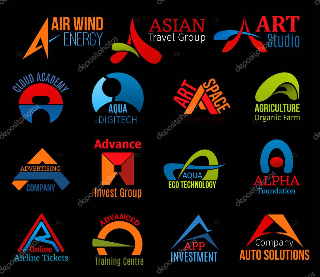 A letter icons for business of abstract design. Air and asian, art and academy, aqua and agriculture, advertising and advance, alpha and airline. Advanced or app, auto solutions badges vector isolated