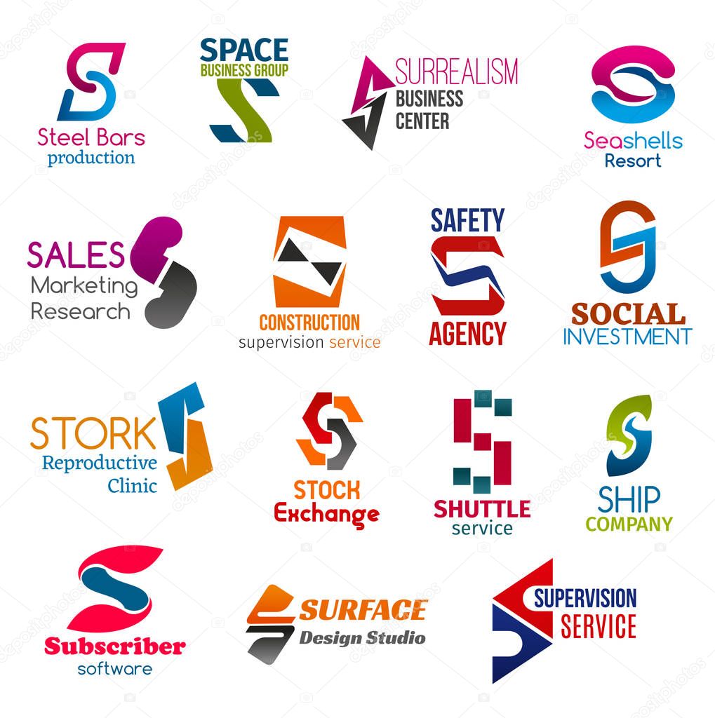 Corporate identity letter S business icons. Building and entrepreneurship, recreation, supervision and safety, finance, medicine and stock, software and design. Vector emblems, signs and symbols
