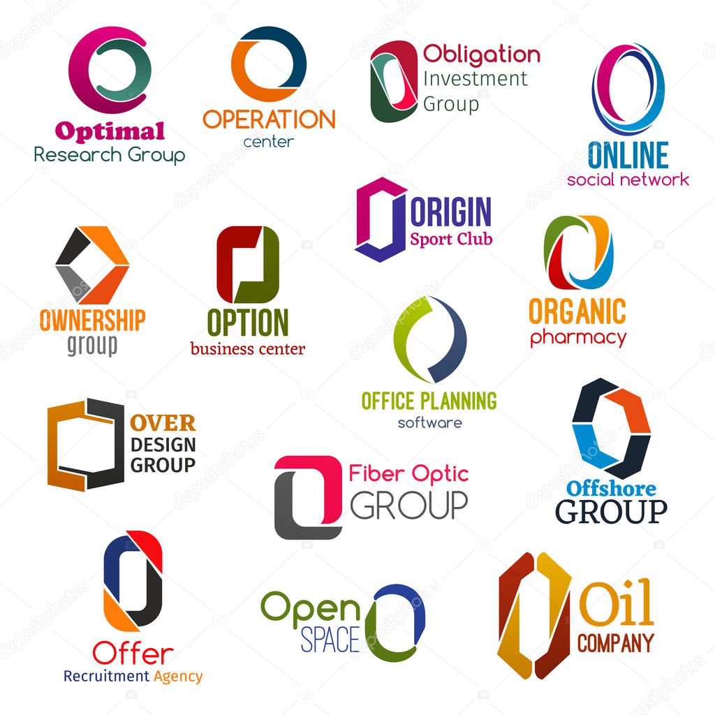 Corporate identity letter O business icons. Vector science and operation, finance and Internet, ownership and sport. Pharmacy and software or technology, recruitment or hiring and gasoline signs