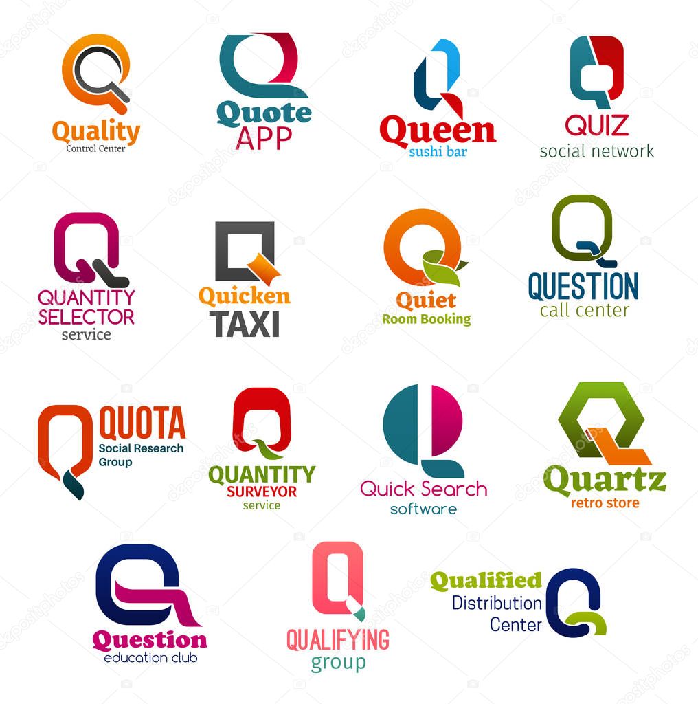 Corporate identity letter Q business icons. Technology and food, Internet and booking, support and research, software and shopping, education and distribution. Vector emblems, signs and symbols