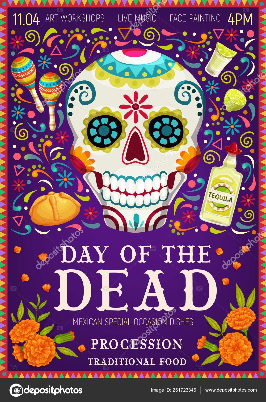 멕시코 휴일 디아 드 로스 무에르토스 칼라베라 두개골 스톡 벡터 - ©VectorTradition 261723346, image size:1127x1700