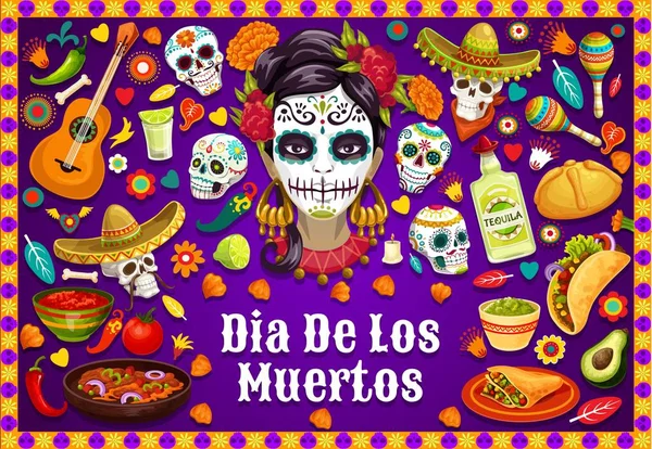 Dia de los Muertos meksykańskie czaszki i Fiesta Food — Wektor stockowy