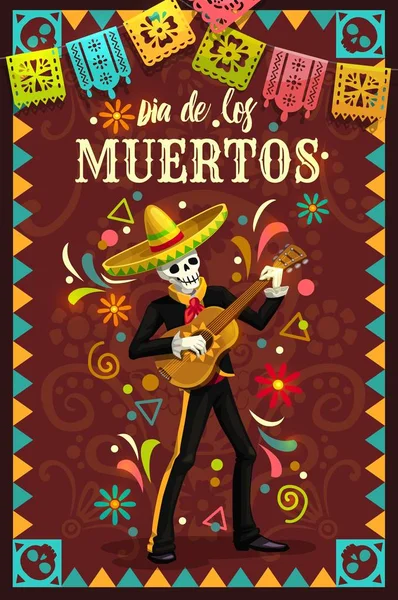 Esqueleto tocando la guitarra en sombrero. Día de Muertos — Archivo Imágenes Vectoriales