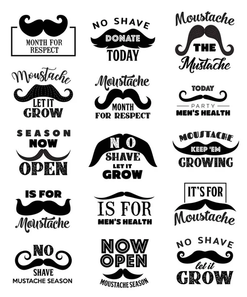 Movember homens saúde bigodes lettering ícones — Vetor de Stock