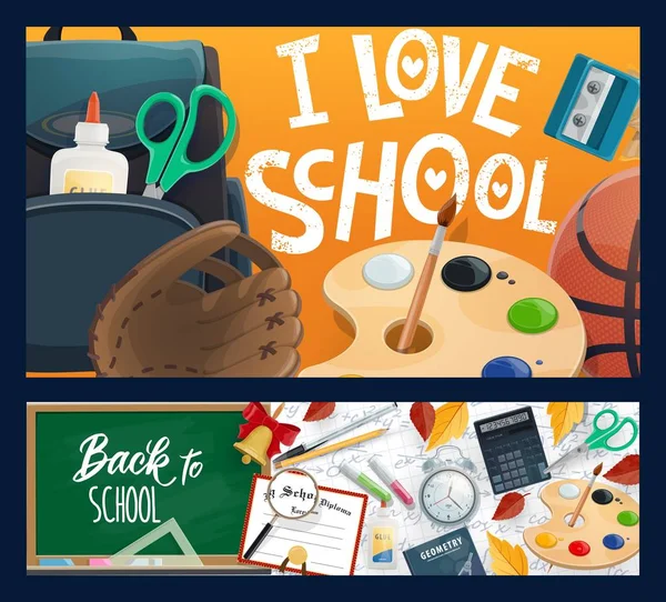 School chalkboard, backpack, book and pencil — Stock Vector