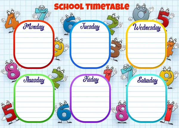 Horário da escola calendário da semana, números dos desenhos animados — Vetor de Stock