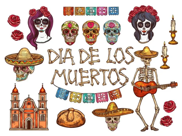Діа-де-Muertos мексиканський день мертвих ескіз символи — стоковий вектор