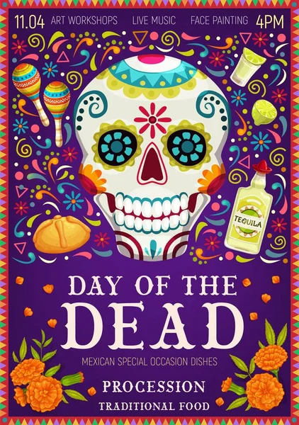 Meksika tatil Dia de los Muertos calavera kafatası — Stok Vektör