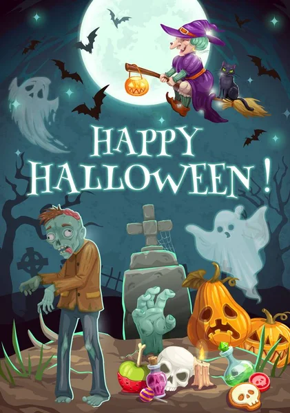 Halloween natt, kyrkogård. Zombie spöken, pumpa — Stock vektor