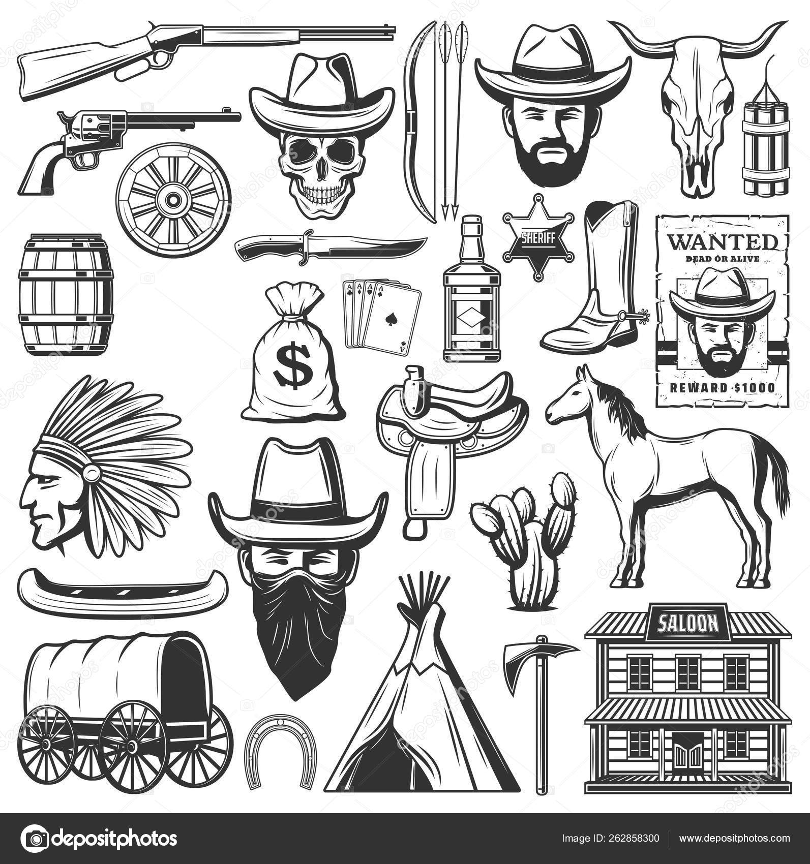 Vettoriale stockIcone cowboy del selvaggio West, oggetti western