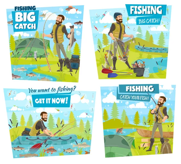 Aventura de pesca, pescador captura lago o peces de río — Vector de stock
