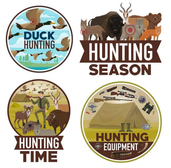 Animais caça temporada aberta, equipamento de caçador — Vetor de Stock