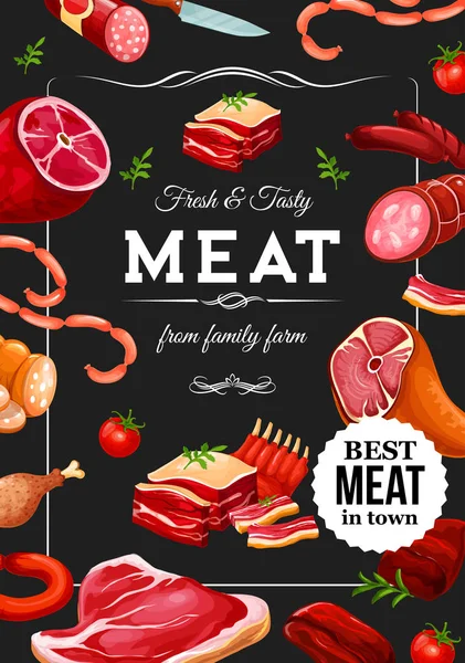 Salsichas de carne, talho de corte e suinicultor — Vetor de Stock