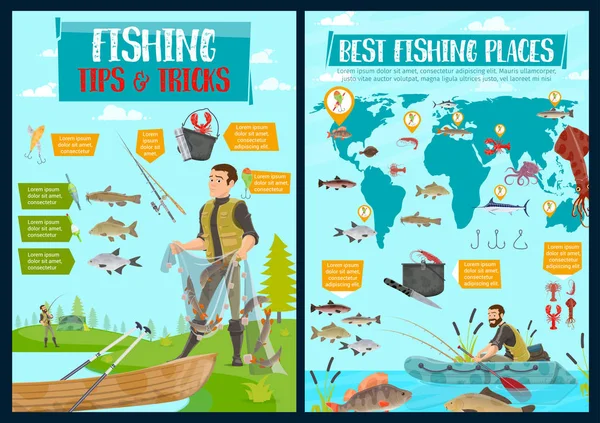 Aventura de pesca, peixe pescador pegar hobby — Vetor de Stock