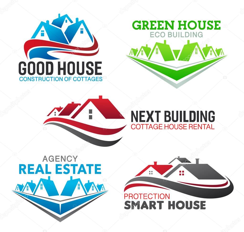 Real estate broker agency and house sale agent company icons. Vector isolated luxury mansions and premium cottage house rental, building and eco home construction