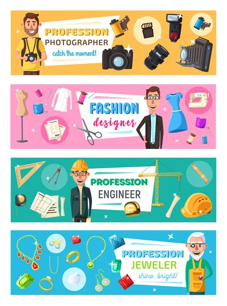 Photographer, fashion designer jeweler professions — Stock Vector