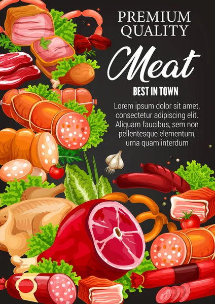 Prodotti a base di carne, barbecue affumicato e salsicce — Vettoriale Stock