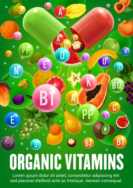 Dieta frutas veganas y vitaminas naturales alimentos — Vector de stock