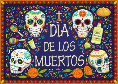 Mexican holiday flowers, Dia de los muertos skulls clipart