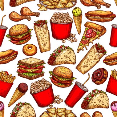 Fast food snacks, desserts seamless sketch pattern clipart