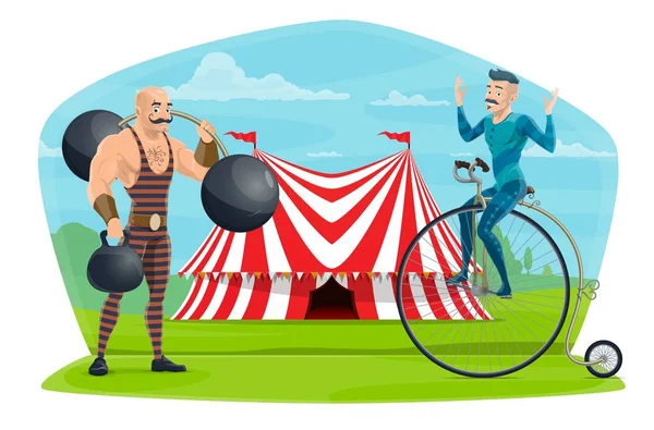 Cirkuszi egyensúly az egykerekű és a muscleman kiállításon — Stock Vector