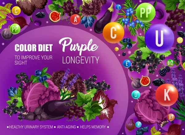 Μοβ χρώμα διατροφή διατροφής, μακροζωία στην υγεία — Διανυσματικό Αρχείο