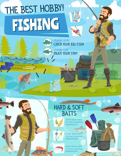 Pêche aventure, pêcheur équipement de capture de poissons — Image vectorielle
