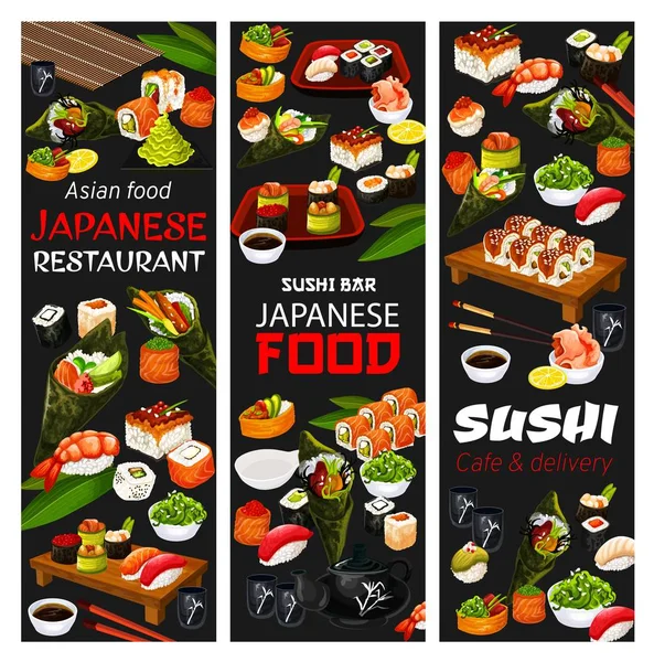 일본 스시 카페와 아시아 음식 배달 메뉴 — 스톡 벡터