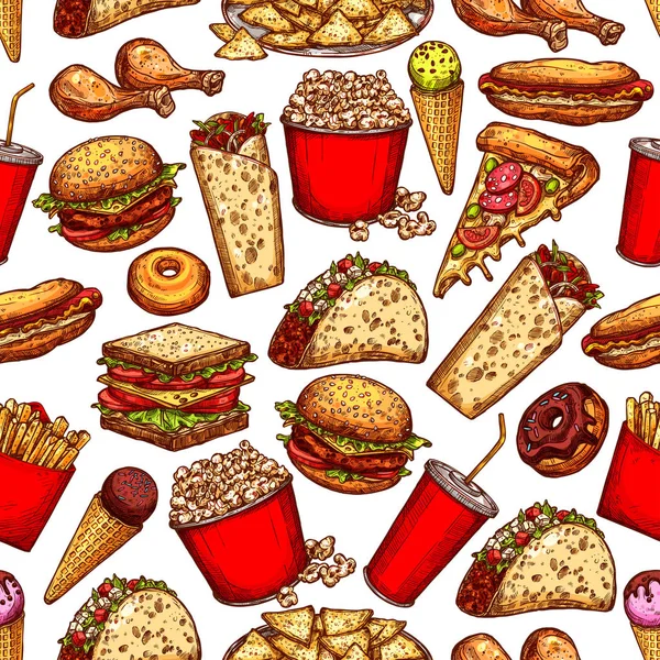 Snacks de comida rápida, postres patrón de boceto sin costuras — Vector de stock