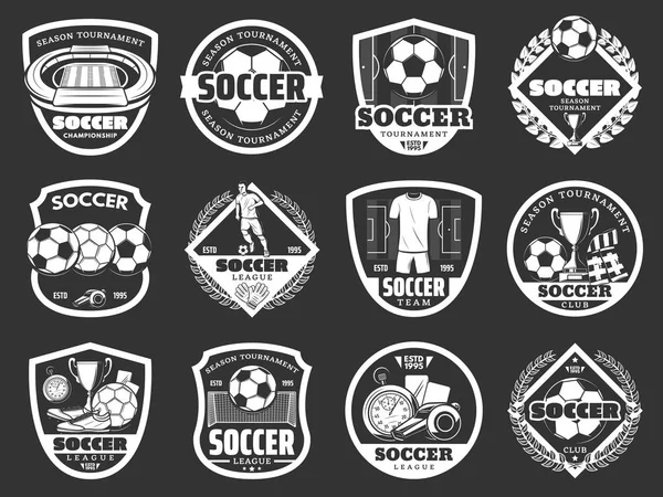 Voetbalclub kampioenschap, sport monochroom iconen — Stockvector