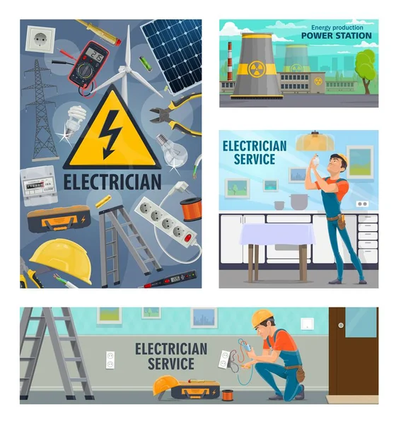 Ferramentas de eletricista, serviço de reparação de eletricidade —  Vetores de Stock