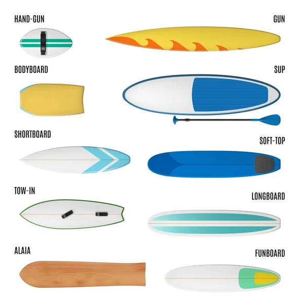 Surfen sport Surfboard typenamen iconen — Stockvector