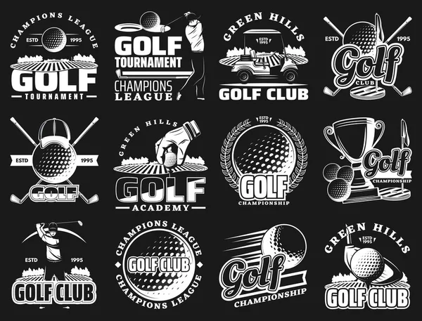 Campeonato de clube de golfe, ícones de emblema de liga esportiva — Vetor de Stock
