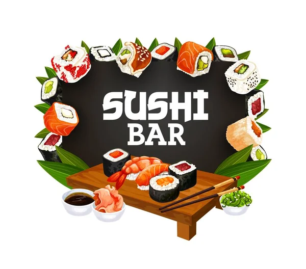 Menu de comida japonesa, sushi asiático e bar de rolos —  Vetores de Stock