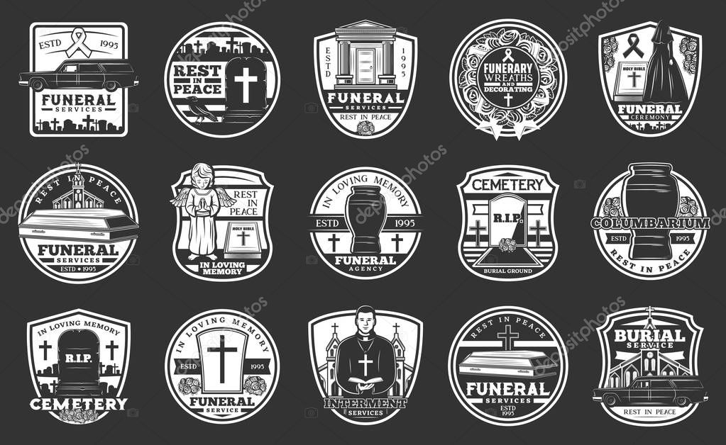 Funeral service agency and cremation burial icons. Vector columbarium urn, RIP ribbon and cross at tombstone, funeral wreath and hearth catafalque car with coffin and flowers bunch
