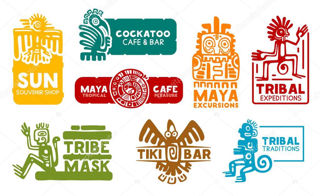 Maya and Aztec business corporate identity icons. Vector Mayan and Aztec symbols, souvenir shop or food cafe bar and Mexico historic travel trip excursion agency