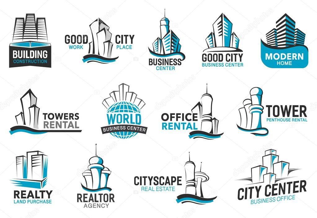 Building icons of real estate agency, construction corporation and business office rent company. Vector city houses, world trade centers and urban residential penthouses line signs