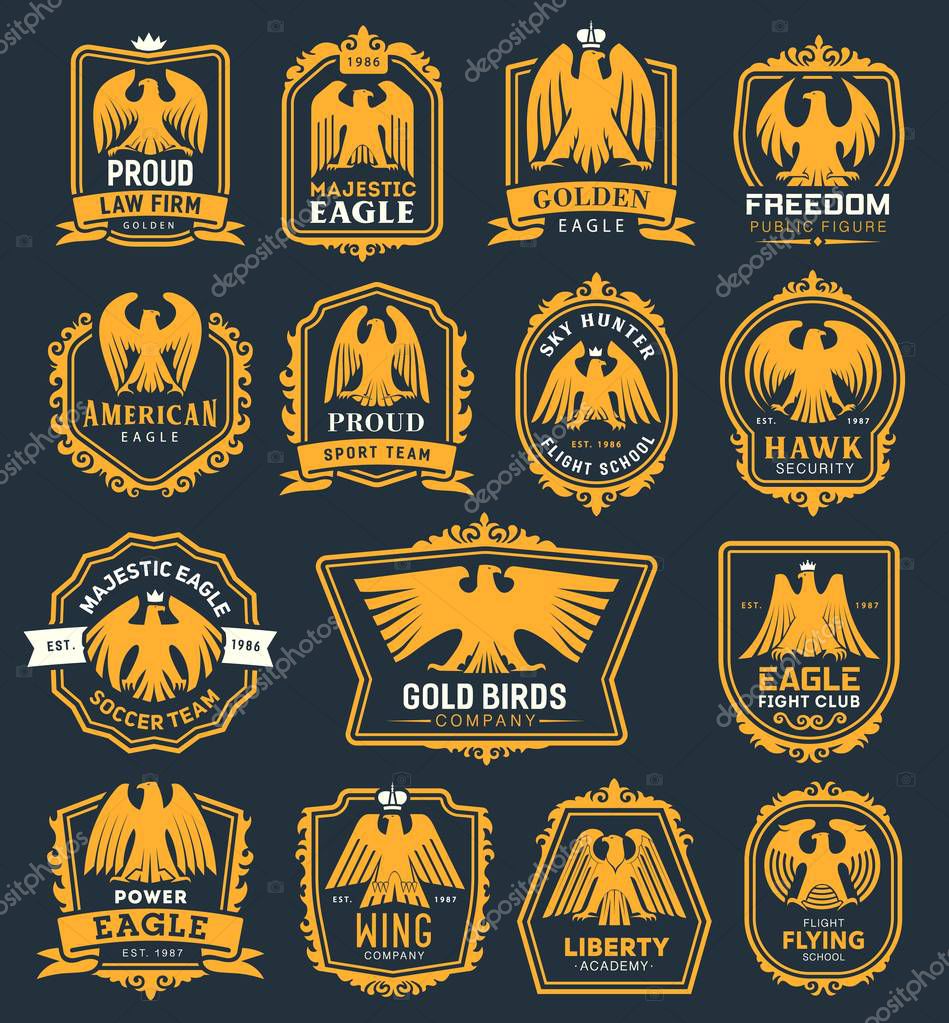 Heraldic golden eagle icons, heraldry hawk bird with crown and ribbon badges. Vector premium fight club, soccer sport team or liberty academy and law firm or flying school corporate identity symbols